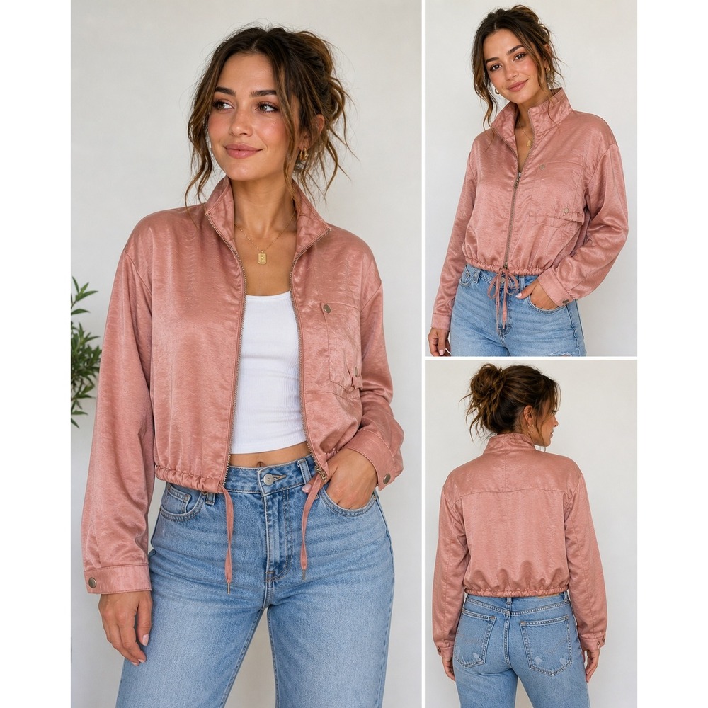 Jennifer Lopez Jacket Bomber Satin Pink Drawstring Hem Mock Neck‎ Casual M